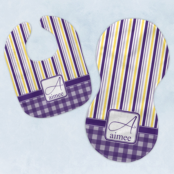 Custom Purple Gingham & Stripe Baby Bib & Burp Set w/ Name and Initial