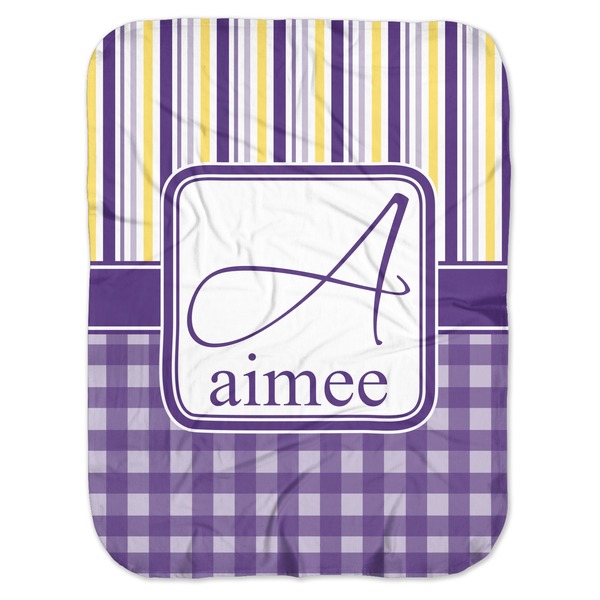 Custom Purple Gingham & Stripe Baby Swaddling Blanket (Personalized)