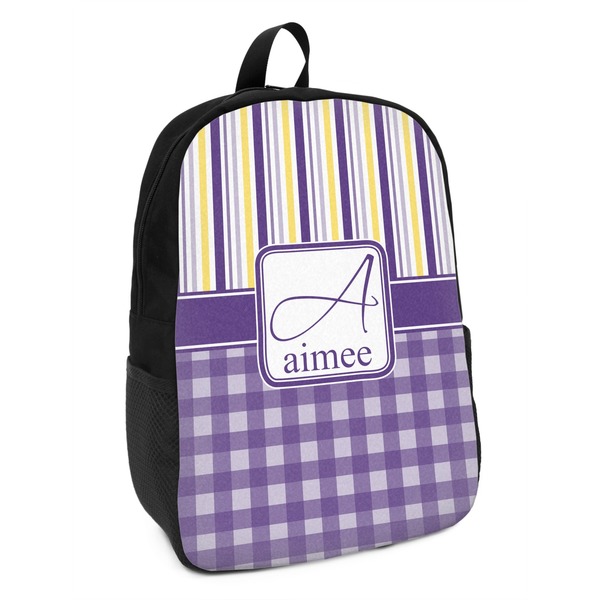 Custom Purple Gingham & Stripe Kids Backpack (Personalized)