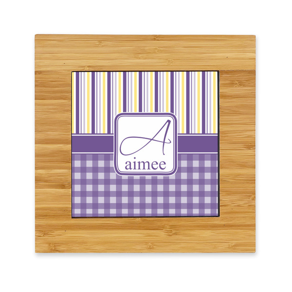 Custom Purple Gingham & Stripe Bamboo Trivet with Ceramic Tile Insert (Personalized)