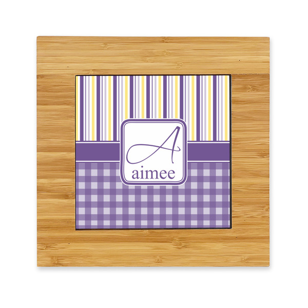 Custom Purple Gingham & Stripe Bamboo Trivet with Ceramic Tile Insert (Personalized)