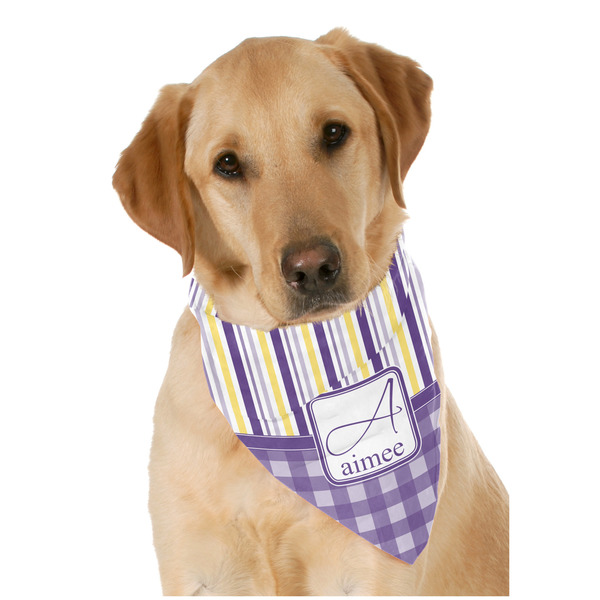 Custom Purple Gingham & Stripe Dog Bandana Scarf w/ Name and Initial