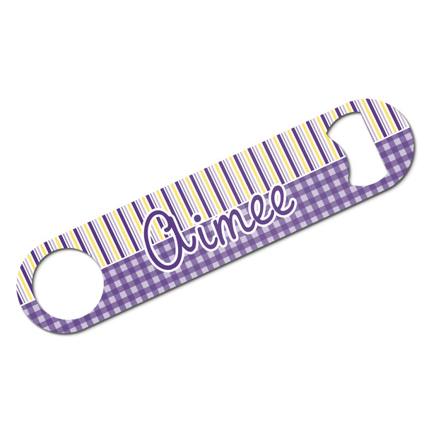 Custom Purple Gingham & Stripe Bar Bottle Opener w/ Name and Initial
