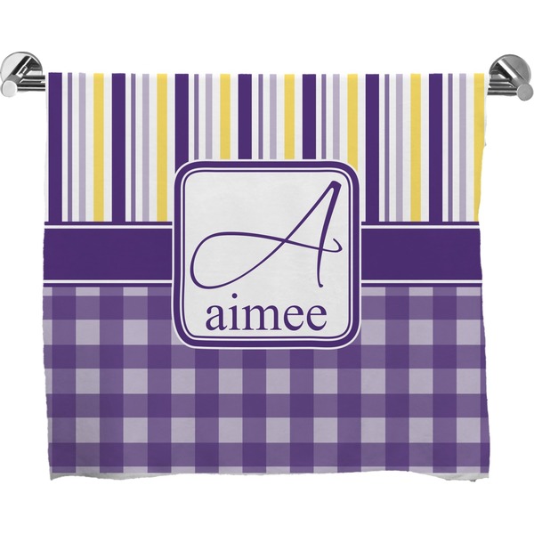 Custom Purple Gingham & Stripe Bath Towel (Personalized)