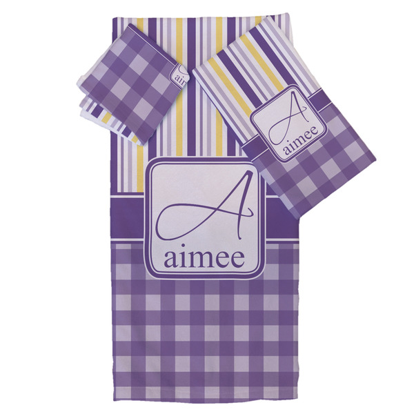 Custom Purple Gingham & Stripe Bath Towel Set - 3 Pcs (Personalized)