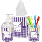 Purple Gingham & Stripe Acrylic Bathroom Accessories Set w/ Name and Initial