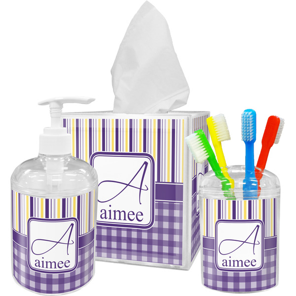 Purple Gingham & Stripe Bathroom Accessories Set (Personalized)