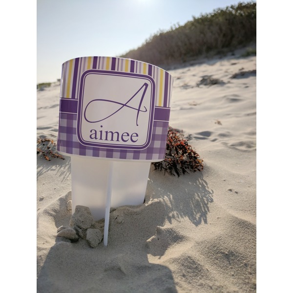 Purple Gingham & Stripe Beach Spiker white on beach with sand