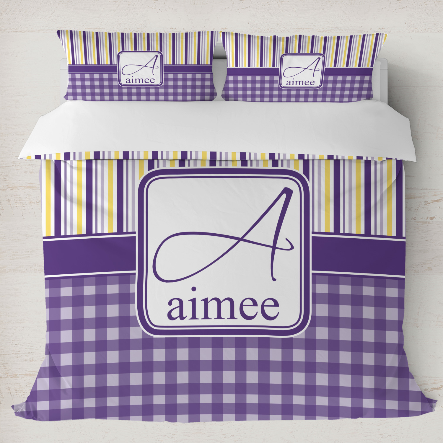 Purple Gingham & Stripe Duvet Cover Set King (Personalized