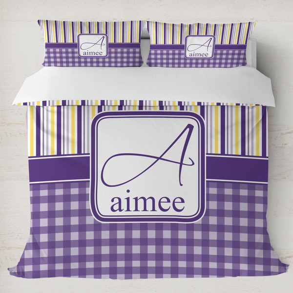 Custom Purple Gingham & Stripe Duvet Cover Set - King (Personalized)