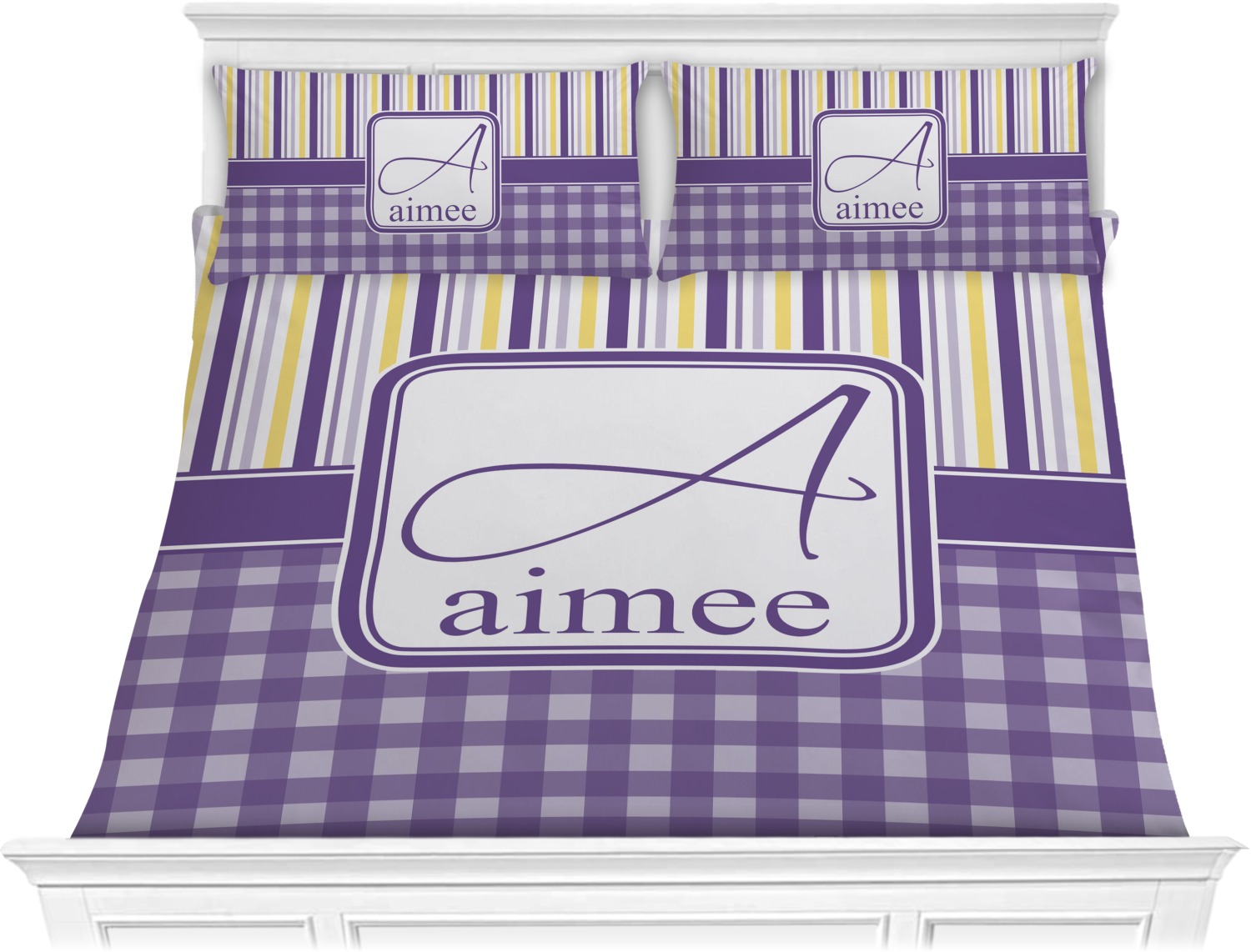 Purple Gingham & Stripe Comforter Set King (Personalized
