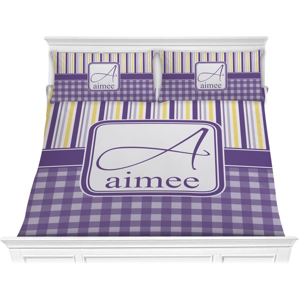 Custom Purple Gingham & Stripe Comforter Set - King (Personalized)