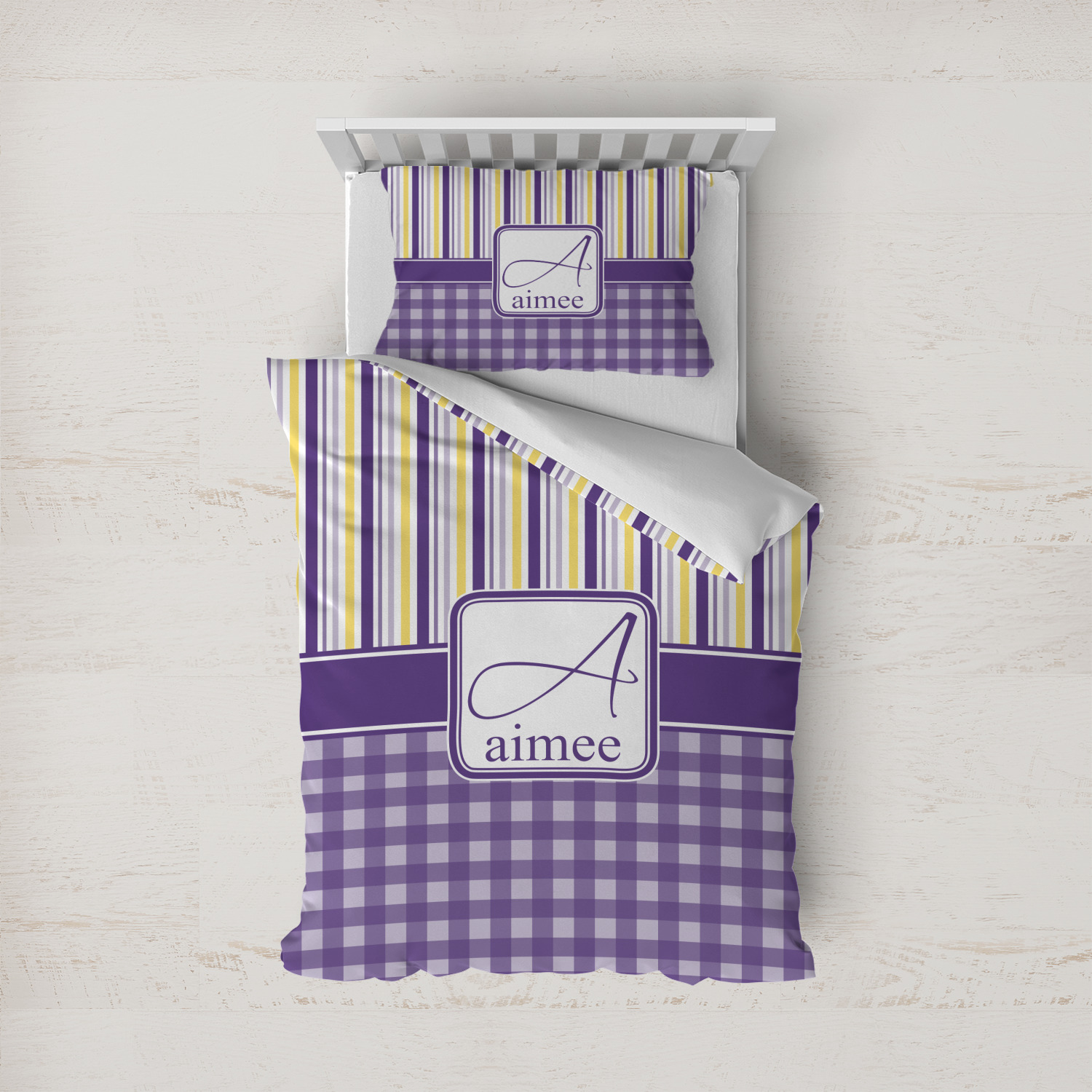 Purple Gingham & Stripe Duvet Cover Set Twin (Personalized