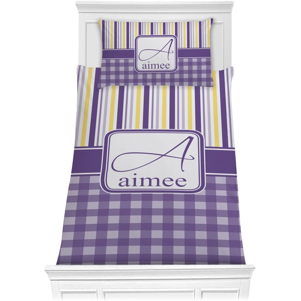 Custom Purple Gingham & Stripe Comforter Set - Twin (Personalized)