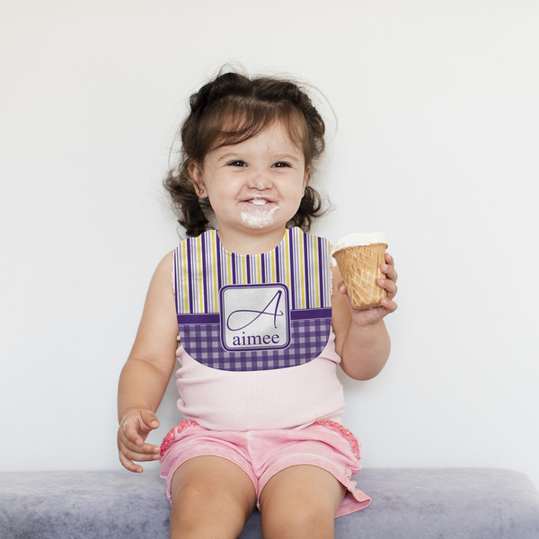 Purple Gingham & Stripe Bib Lifestyle Girl