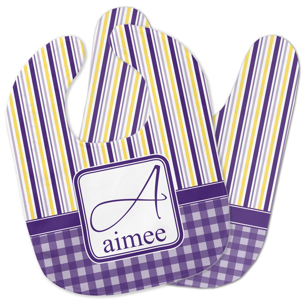 Custom Purple Gingham & Stripe Baby Bib w/ Name and Initial