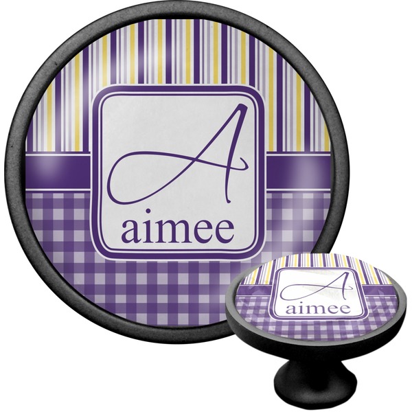 Custom Purple Gingham & Stripe Cabinet Knob (Black) (Personalized)