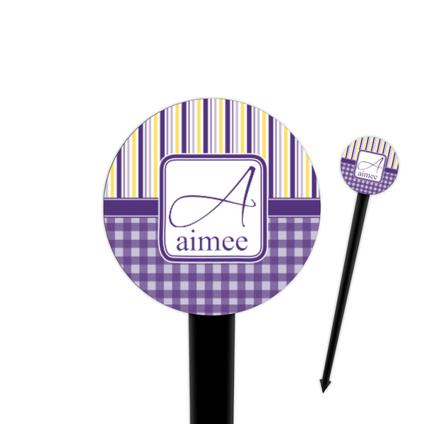 Custom Purple Gingham & Stripe 4" Round Plastic Food Picks - Black - Single Sided (Personalized)