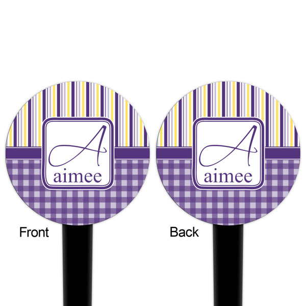 Purple Gingham & Stripe Black Plastic 4" Food Pick - Round - Double Sided - Front & Back