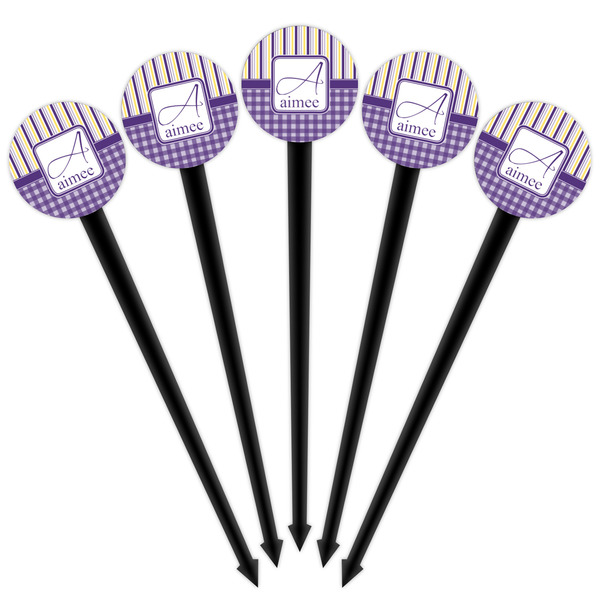 Purple Gingham & Stripe Black Plastic 4" Food Pick - Round - Fan View