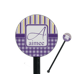 Purple Gingham & Stripe 5.5" Round Plastic Stir Sticks - Black - Double Sided (Personalized)