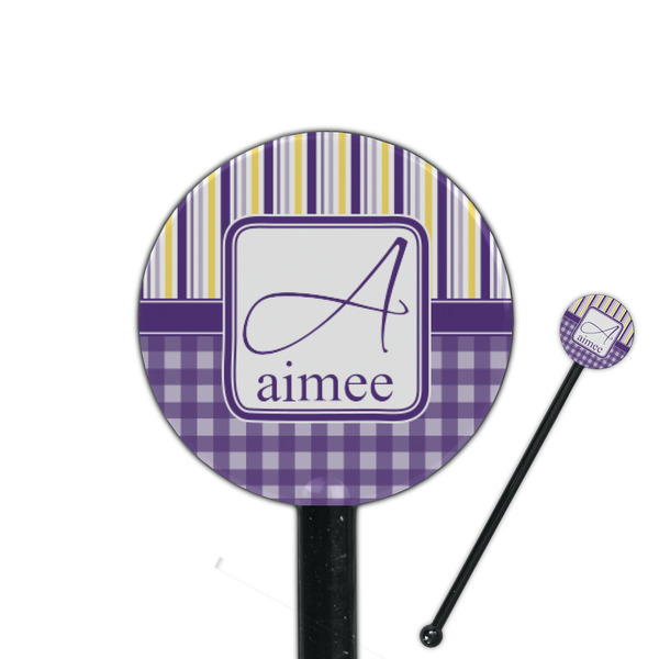 Custom Purple Gingham & Stripe 5.5" Round Plastic Stir Sticks - Black - Double Sided (Personalized)