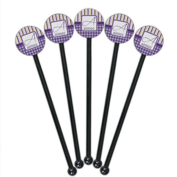 Purple Gingham & Stripe Black Plastic 5.5" Stir Stick - Round - Fan View