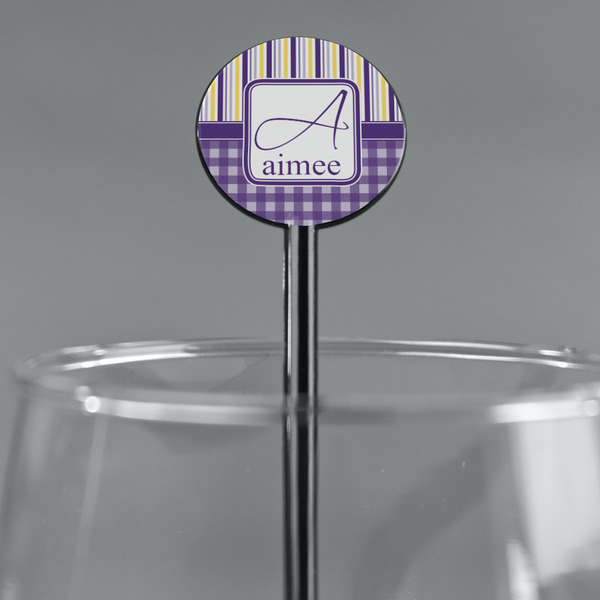 Purple Gingham & Stripe Black Plastic 5.5" Stir Stick - Round - Main