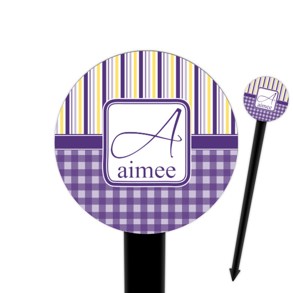 Custom Purple Gingham & Stripe 6" Round Plastic Food Picks - Black - Single Sided (Personalized)