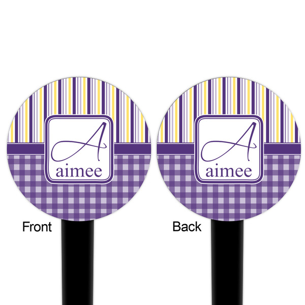 Purple Gingham & Stripe Black Plastic 6" Food Pick - Round - Double Sided - Front & Back