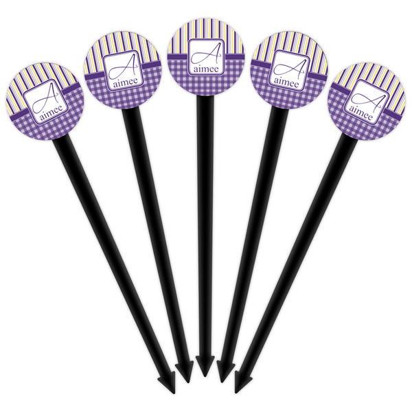 Purple Gingham & Stripe Black Plastic 6" Food Pick - Round - Fan View