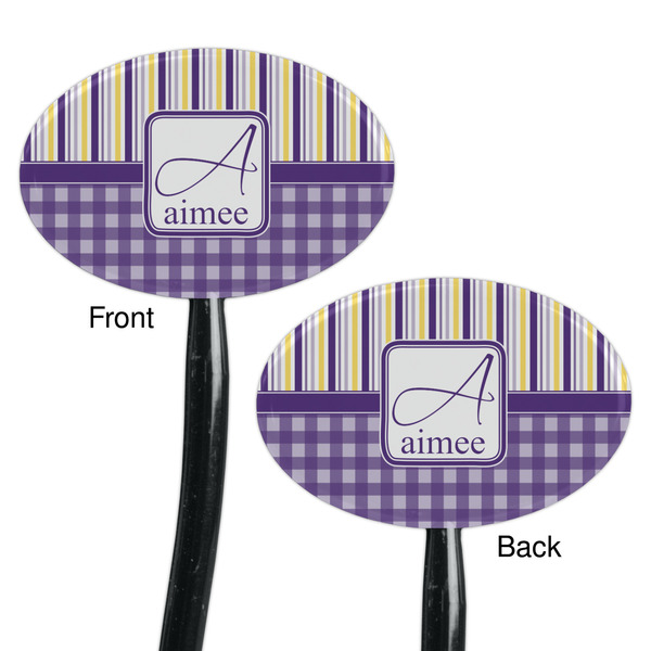 Purple Gingham & Stripe Black Plastic 7" Stir Stick - Double Sided - Oval - Front & Back
