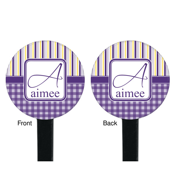 Purple Gingham & Stripe Black Plastic 7" Stir Stick - Double Sided - Round - Front & Back