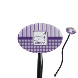 Purple Gingham & Stripe 7" Oval Plastic Stir Sticks - Black - Double Sided (Personalized)