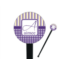 Purple Gingham & Stripe 7" Round Plastic Stir Sticks - Black - Single Sided (Personalized)