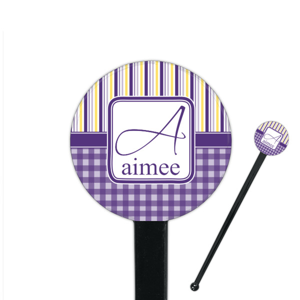 Custom Purple Gingham & Stripe 7" Round Plastic Stir Sticks - Black - Double Sided (Personalized)