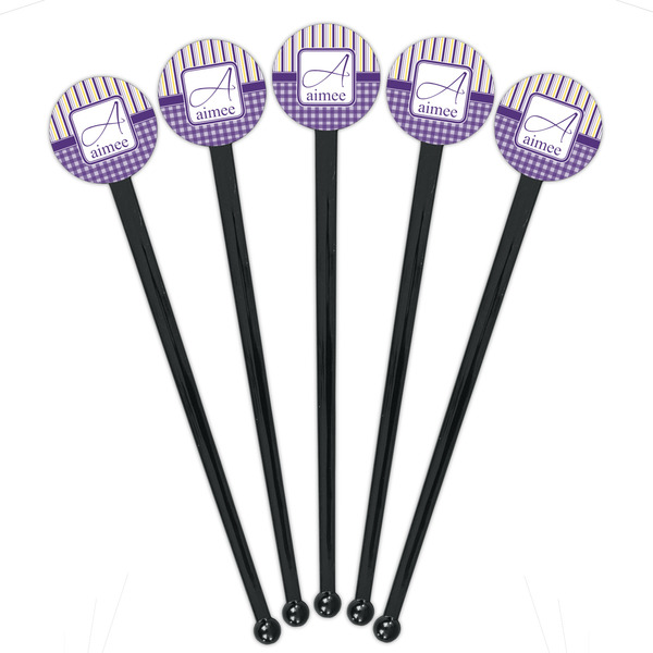 Purple Gingham & Stripe Black Plastic 7" Stir Stick - Round - Fan View