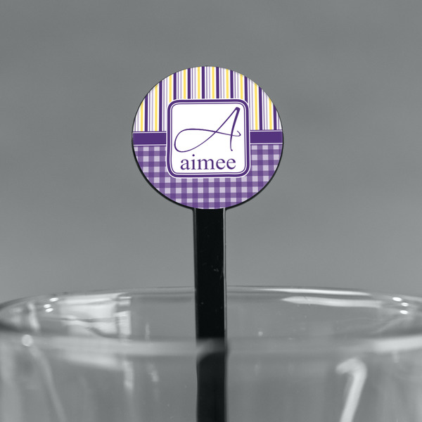Purple Gingham & Stripe Black Plastic 7" Stir Stick - Round - Main