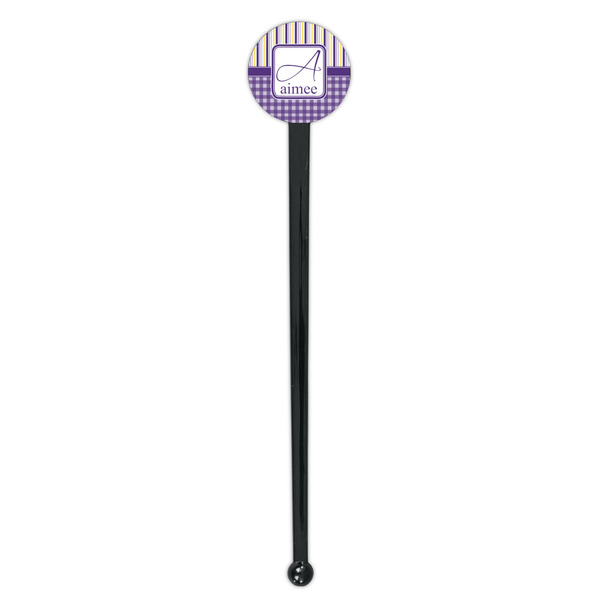 Purple Gingham & Stripe Black Plastic 7" Stir Stick - Round - Single Stick
