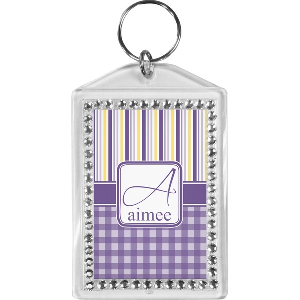 Custom Purple Gingham & Stripe Bling Keychain (Personalized)