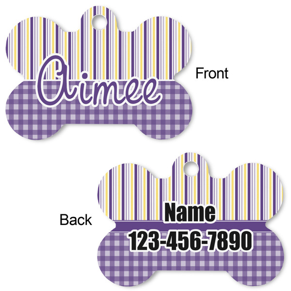 Purple Gingham & Stripe Bone Shaped Dog ID Tag - Large - Approval