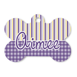 Purple Gingham & Stripe Bone Shaped Dog ID Tag - Large (Personalized)