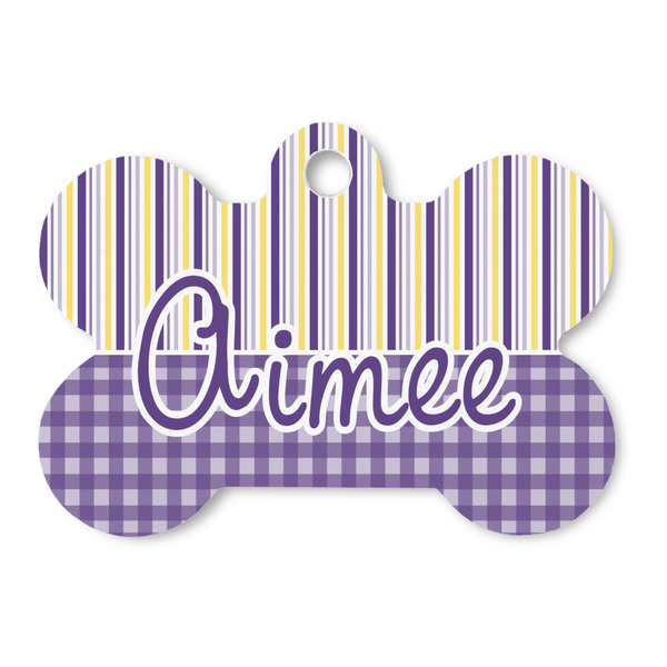 Custom Purple Gingham & Stripe Bone Shaped Dog ID Tag (Personalized)