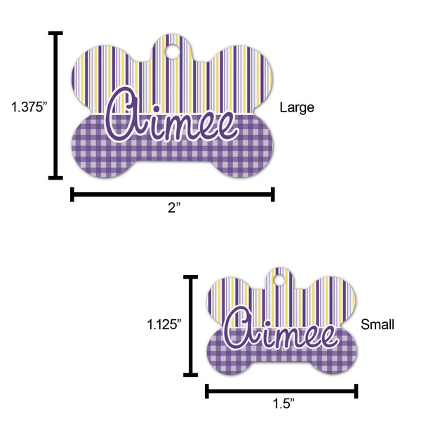 Purple Gingham & Stripe Bone Shaped Dog ID Tag - Large - Scale