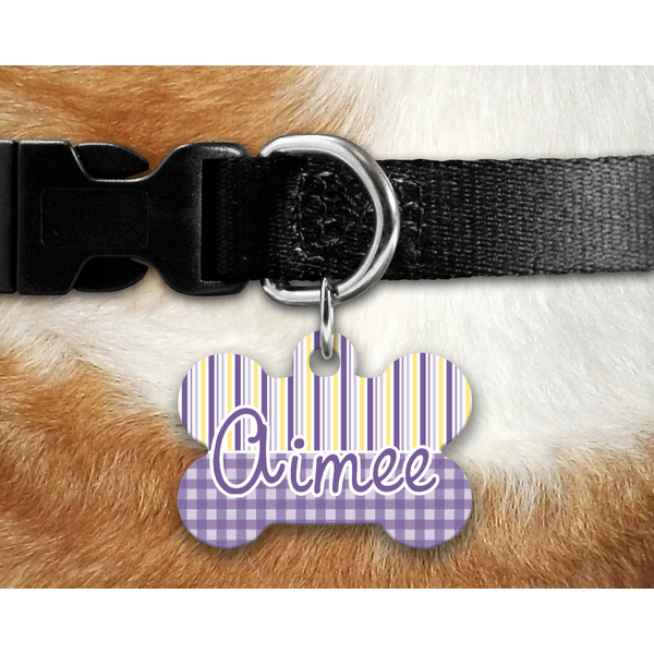 Purple Gingham & Stripe Bone Shaped Dog Tag on Collar & Dog