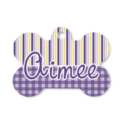 Purple Gingham & Stripe Bone Shaped Dog ID Tag - Small (Personalized)