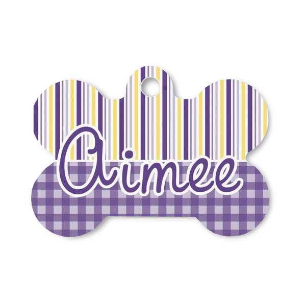 Custom Purple Gingham & Stripe Bone Shaped Dog ID Tag - Small (Personalized)