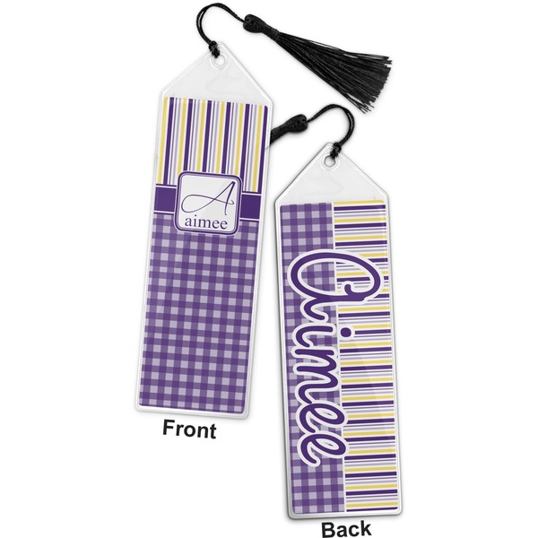 Purple Gingham & Stripe Bookmark with tassel - Front and Back