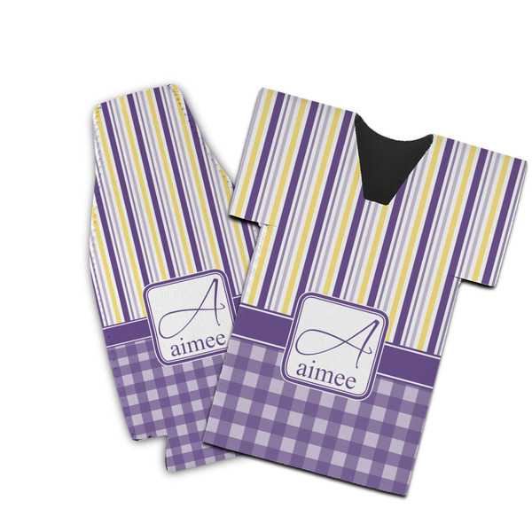 Custom Purple Gingham & Stripe Bottle Cooler (Personalized)