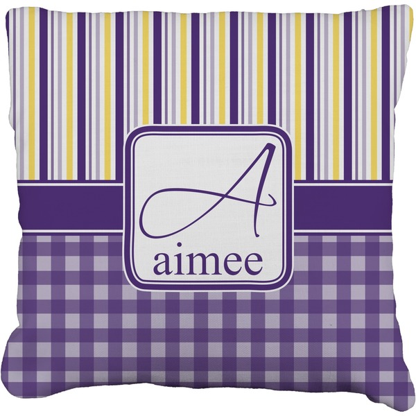 Custom Purple Gingham & Stripe Faux-Linen Throw Pillow 16" (Personalized)